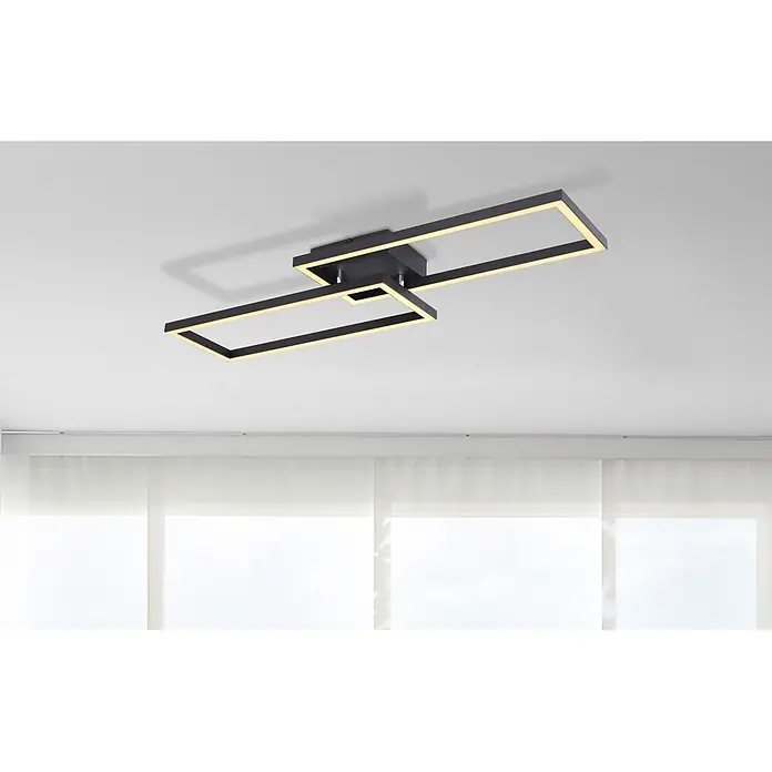 Globo LED-Deckenleuchte Tatjana - 24 W, L x B x H: 71 cm x 23 m x 7,5 cm, Schwarz, Warmweiß - Moderne schwarze Deckenleuchte mit zwei überlappenden rechteckigen LED-Panels, die nach unten leuchten.