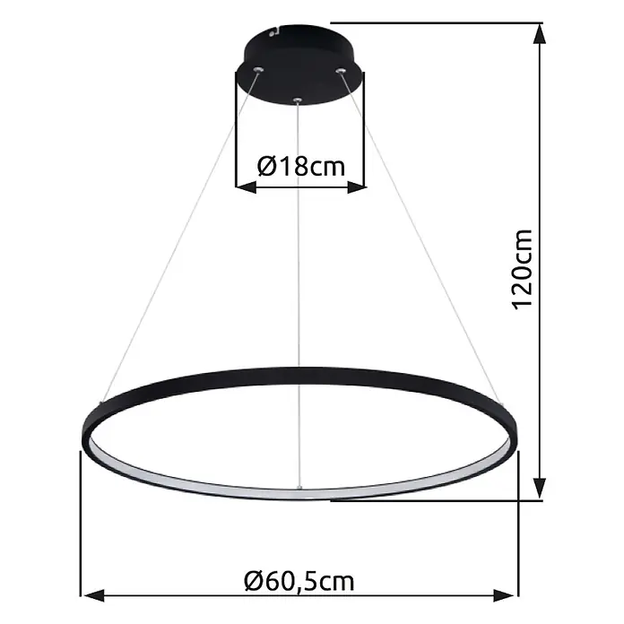 Globo LED-Pendelleuchte Ralph - Ø x H: 60,5 x 120 cm, 29 W, Warmweiß - Schwarze ringförmige LED-Pendelleuchte, 60,5 cm Durchmesser, Gesamthöhe 120 cm.