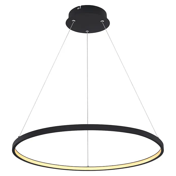 Globo LED-Pendelleuchte Ralph - Ø x H: 60,5 x 120 cm, 29 W, Warmweiß - Moderne schwarze runde LED-Pendelleuchte mit beleuchtetem Innenring, an Kabeln hängend.