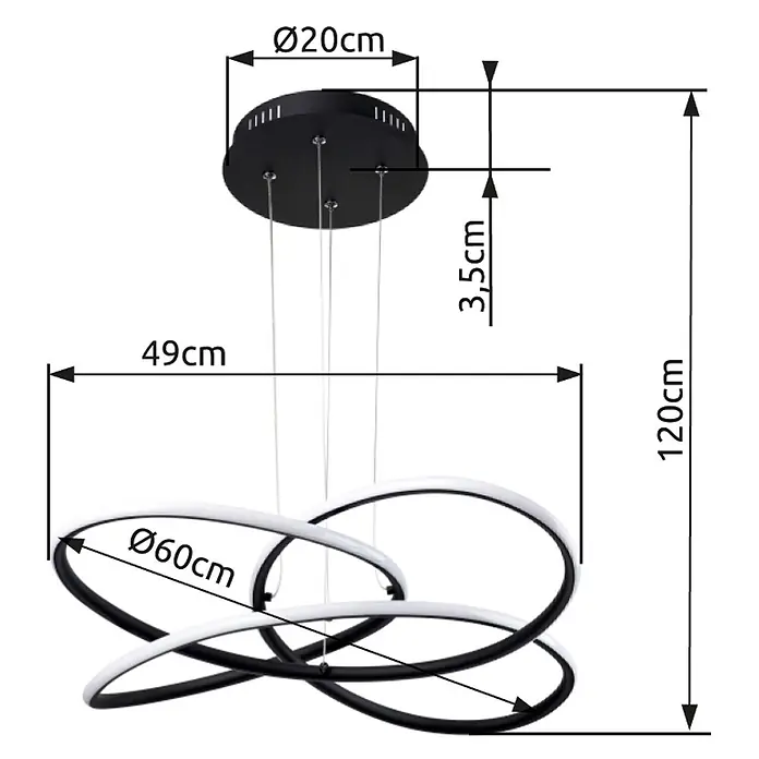 Globo LED-Pendelleuchte Panda - 30 W, Höhe: 120 cm, Warmweiß - Moderne schwarze LED-Pendelleuchte mit verschlungenen Ringen, Ø60cm Leuchtenkörper und 120cm Gesamthöhe von Ø20cm Deckenbasis.