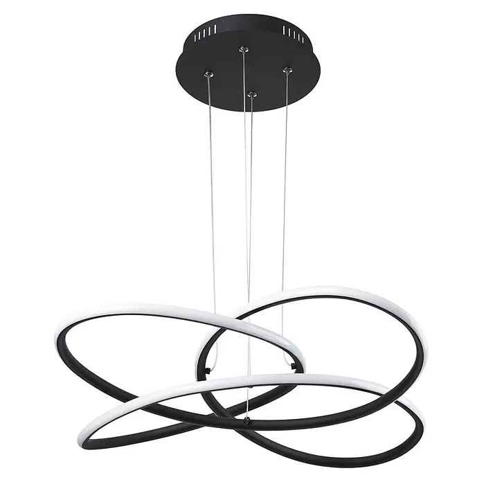 Globo LED-Pendelleuchte Panda - 30 W, Höhe: 120 cm, Warmweiß - Moderne LED-Hängeleuchte in Schwarz-Weiß mit verschlungenen Ringen, von einer runden Deckenplatte abgehängt.