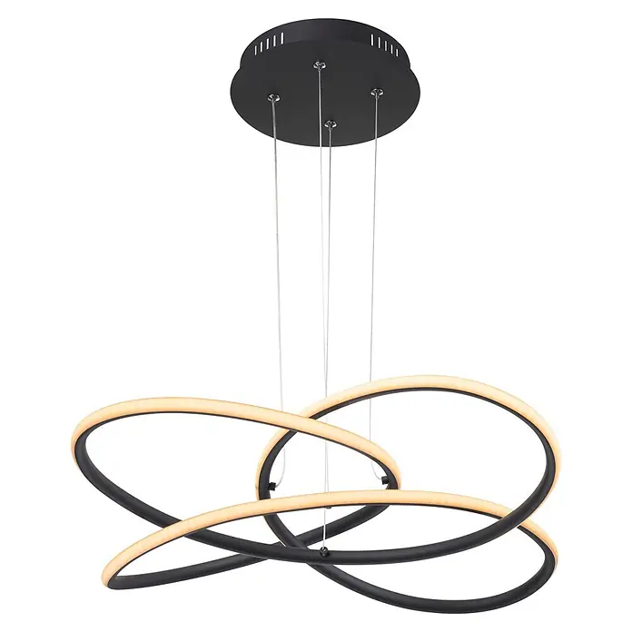 Globo LED-Pendelleuchte Panda - 30 W, Höhe: 120 cm, Warmweiß - Moderne schwarze LED-Pendelleuchte mit zwei ineinander verschlungenen Ringen, die warmes Licht abstrahlen, von einer runden Deckenhalterung.