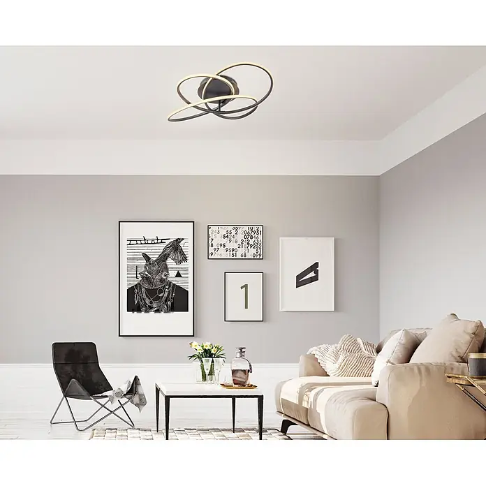 Globo LED-Deckenleuchte Panda - 30 W, Durchmesser: 600 mm, Warmweiß - Moderne Deckenleuchte mit abstrakten schwarzen Ringen und integrierter LED-Beleuchtung im Wohnzimmer.