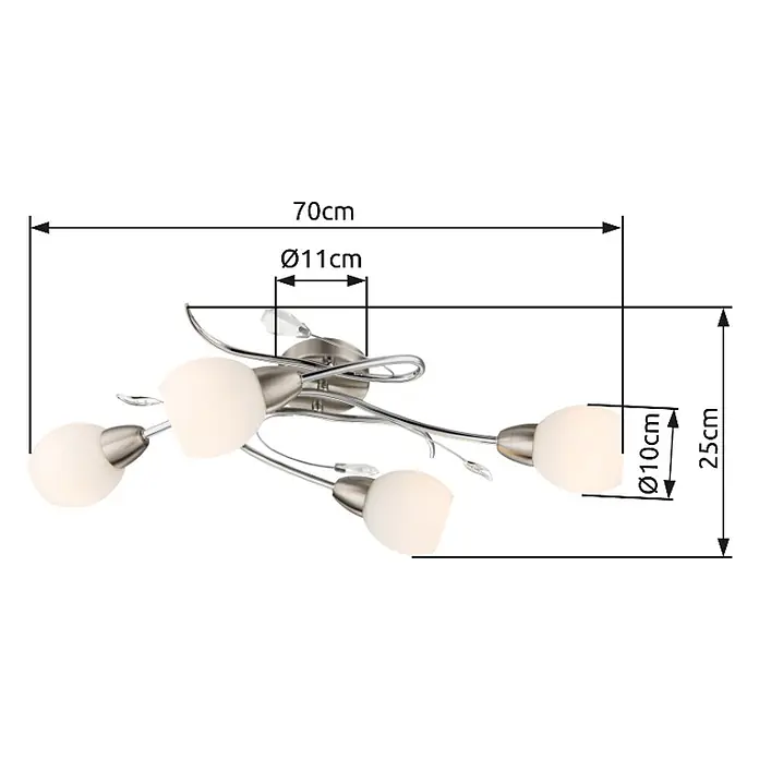 Globo Deckenleuchte Lilly - 40 W, L x B x H: 70 x 25 x 21 cm, Nickel, Weiß, E14 - Deckenleuchte aus satiniertem Nickel und Chrom mit vier kugelförmigen Glasschirmen. Maße 70x25cm (LxH), Basis Ø11cm, Schirme Ø10cm.
