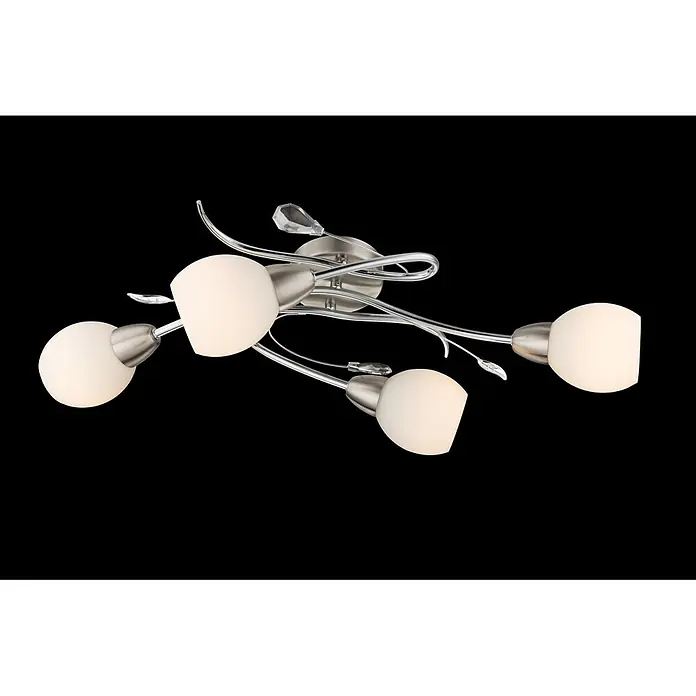 Globo Deckenleuchte Lilly - 40 W, L x B x H: 70 x 25 x 21 cm, Nickel, Weiß, E14 - Moderne Deckenleuchte mit 4 mattierten Glasschirmen, Chrom- und gebürsteten Nickeldetails und dekorativen Kristallen.
