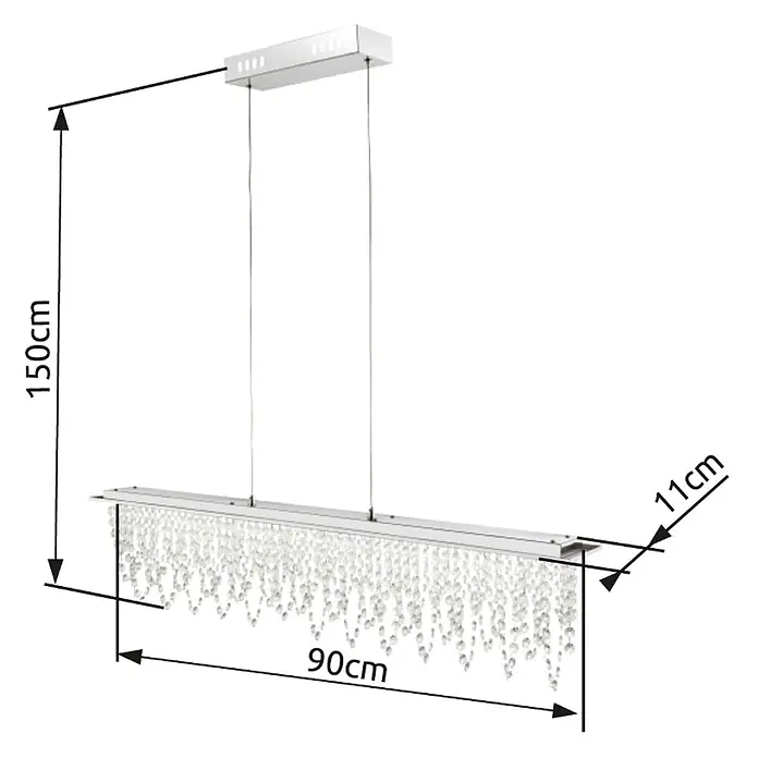 Globo Pendelleuchte Scala - 24 W, Lichtfarbe: Warmweiß, L x B x H: 900 x 110 x 1.500 mm - Rechteckige lineare Pendelleuchte mit silbernem Rahmen und klaren Kristalltropfen.