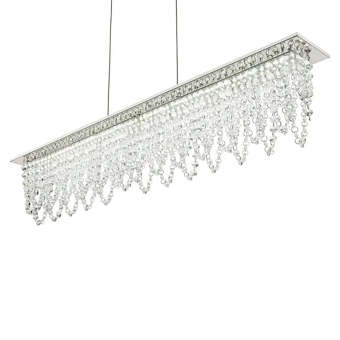 Globo Pendelleuchte Scala - 24 W, Lichtfarbe: Warmweiß, L x B x H: 900 x 110 x 1.500 mm - Ein rechteckiger Kristallleuchter mit klaren, kaskadierenden Perlen und integrierten LED-Leuchten.