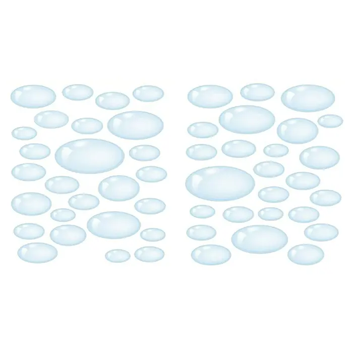 Vinilo de pared - Pompas de jabón, Azul, Plástico - Imagen de dos grupos de brillantes gotas de agua de color blanco azulado de diferentes tamaños, que transmiten una sensación de frescura y limpieza.