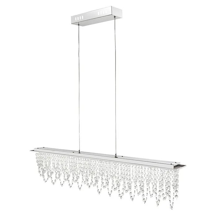 Globo Lámpara colgante Scala - 24 W, Color de luz: Blanco cálido, L x An x Al: 900 x 110 x 1.500 mm - Lámpara de araña rectangular cromada con cristales transparentes en cascada, suspendida de un soporte de techo rectangular.