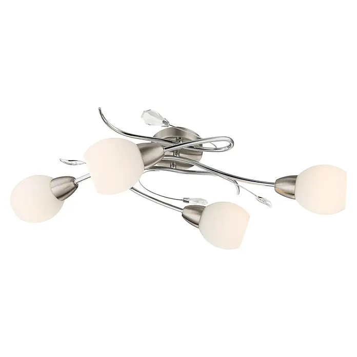 Globo Deckenleuchte Lilly - 40 W, L x B x H: 70 x 25 x 21 cm, Nickel, Weiß, E14 - Deckenleuchte aus gebürstetem Nickel mit vier mattweißen Glasschirmen und dekorativen Kristallakzenten.