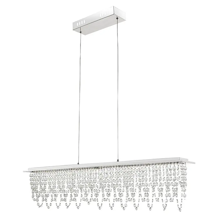 Globo Lámpara colgante Scala - 24 W, Color de luz: Blanco cálido, L x An x Al: 900 x 110 x 1.500 mm - Lámpara de araña lineal de cristal con base metálica rectangular blanca, suspendida por cables.