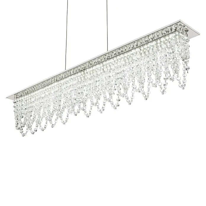 Globo Pendelleuchte Scala - 24 W, Lichtfarbe: Warmweiß, L x B x H: 900 x 110 x 1.500 mm - Rechteckiger linearer Kronleuchter mit mehreren Strängen aus klaren Kristallen, an dünnen Drähten hängend.