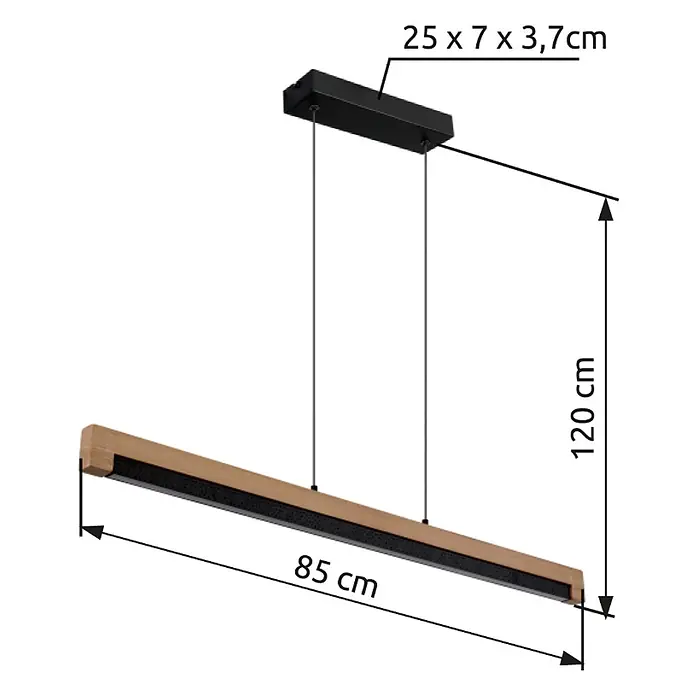 Globo LED-Pendelleuchte rund Starla - 24 W - Moderne Pendelleuchte mit hellem Holzstab und schwarzem Einsatz, aufgehängt an einer schwarzen Deckenhalterung.