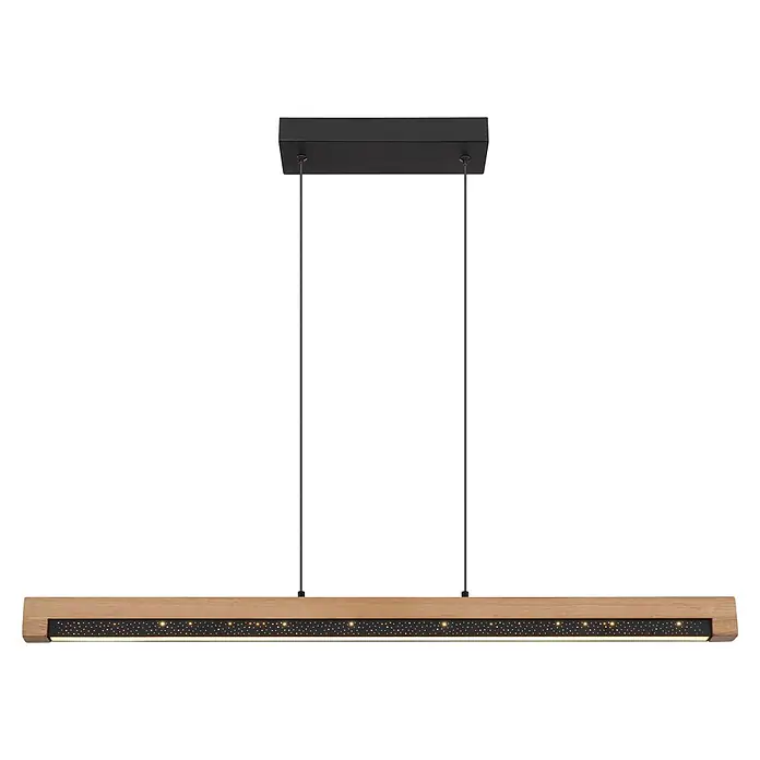 Globo LED-Pendelleuchte rund Starla - 24 W - Lineare LED-Pendelleuchte mit Holzrahmen, schwarzer Deckenhalterung und schimmernder Lichtfläche.