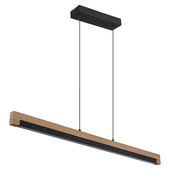Globo LED-Pendelleuchte rund Starla - 24 W - Lineare Pendelleuchte mit schwarzer Rechteck-Deckenhalterung und holzveredelter Lichtleiste mit schwarzem Lochstreifen.