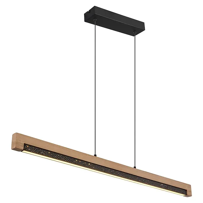 Globo LED-Pendelleuchte rund Starla - 24 W - Lineare LED-Pendelleuchte mit hellem Holzrahmen, schwarzem Lochmuster-Dekorstreifen und zwei Aufhängekabeln an schwarzer Deckenhalterung.