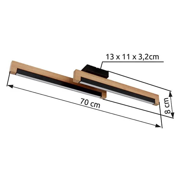 Globo LED-Deckenleuchte Starla - 12 W, L x B x H: 700 x 130 x 80 mm - Lineare LED-Leuchte mit Holzrahmen und schwarzen Akzenten, 70 cm lang und 8 cm hoch.