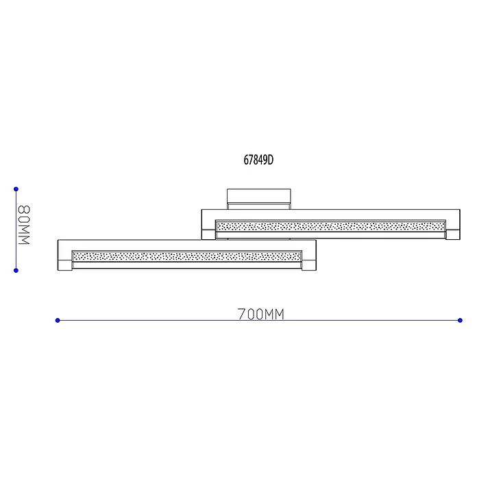 Globo LED-Deckenleuchte Starla - 12 W, L x B x H: 700 x 130 x 80 mm - Technische Zeichnung einer linearen Leuchte, 700 mm lang und 80 mm hoch, mit zwei versetzten Leuchtelementen.
