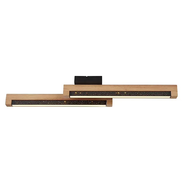 Globo LED-Deckenleuchte Starla - 12 W, L x B x H: 700 x 130 x 80 mm - Zweistufige LED-Deckenleuchte aus Holz mit schwarzem Montagekasten, perforierten Paneelen mit Sternenlochung und linearen Lichtleisten.