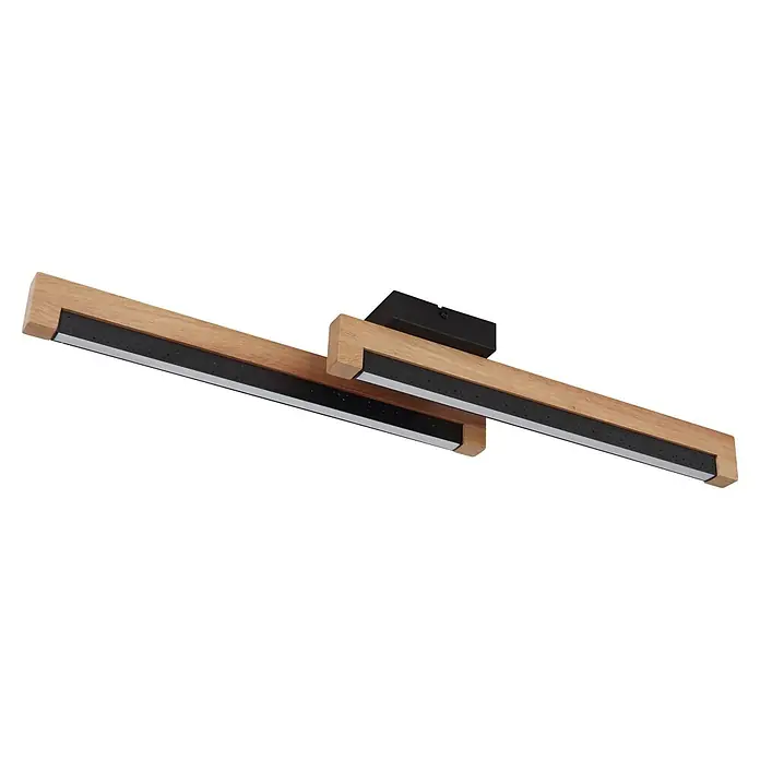 Globo LED-Deckenleuchte Starla - 12 W, L x B x H: 700 x 130 x 80 mm - Lineare LED-Deckenleuchte aus Holz mit schwarzen Akzenten und zwei verbundenen Segmenten.