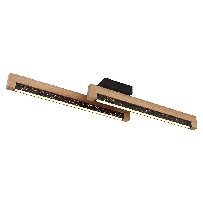 Globo LED-Deckenleuchte Starla - 12 W, L x B x H: 700 x 130 x 80 mm - Hölzerne LED-Deckenleuchte mit sich kreuzenden Balken, schwarzen Sternenpaneelen und linearer Beleuchtung.