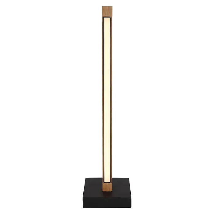 Globo LED-Tischleuchte Starla - 8 W, L x B x H: 120 x 120 x 480 mm - Moderne Tischleuchte mit Holzrahmen, weißer Lichtfläche und schwarzem rechteckigem Sockel.