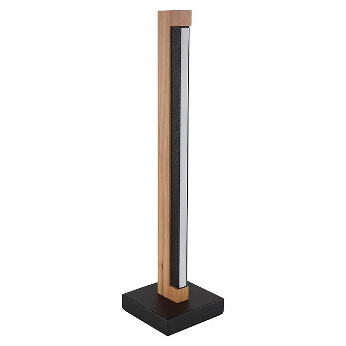 Globo LED-Tischleuchte Starla - 8 W, L x B x H: 120 x 120 x 480 mm - Moderne LED Tischleuchte mit hellem Holzrahmen, schwarzer Lochplatte, weißem Diffusor und schwarzem Sockel.