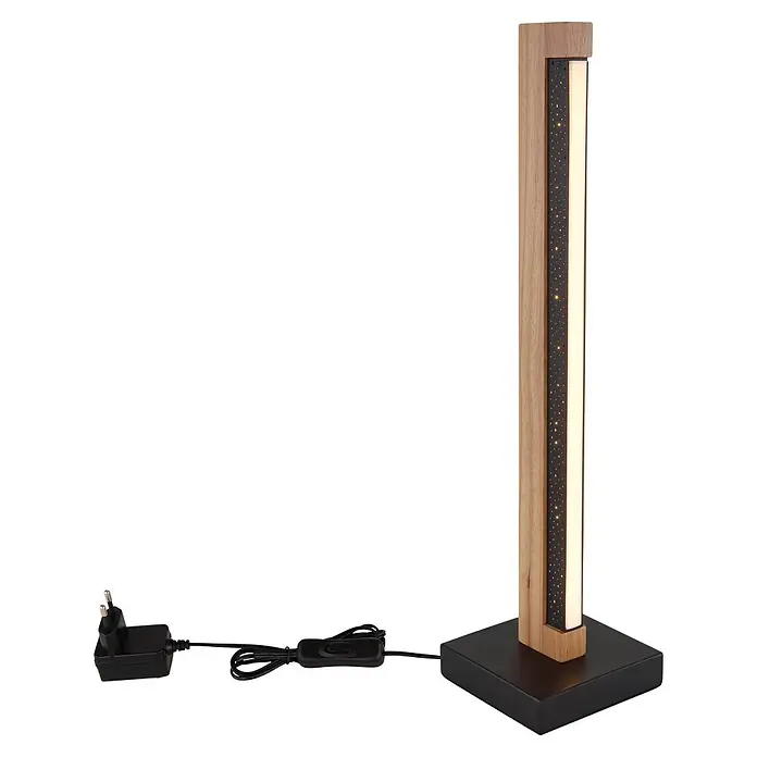 Globo LED-Tischleuchte Starla - 8 W, L x B x H: 120 x 120 x 480 mm - Moderne LED-Tischleuchte mit Holzrahmen, schwarzem Lochblech mit kleinen Lichtern, vertikalem Lichtstreifen und Netzteil mit Schalter.