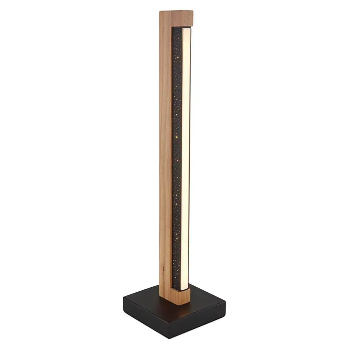 Globo LED-Tischleuchte Starla - 8 W, L x B x H: 120 x 120 x 480 mm - LED-Tischleuchte aus Holz mit schwarzem Fuß, perforierter Platte mit kleinen Lichtern und weißem LED-Streifen.