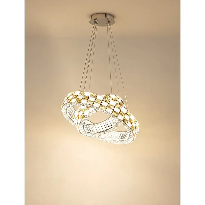 Globo LED-Pendelleuchte rund Lidia - 55 W, Ø x H: 61 x 120 cm - Moderne Hängelampe mit zwei ineinandergreifenden Ringen, verziert mit klaren und bernsteinfarbenen Kristallen.