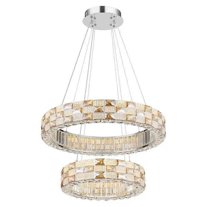 Globo LED-Pendelleuchte rund Lidia - 55 W, Ø x H: 61 x 120 cm - Zweistufiger Kristallleuchter mit Chromsockel, besetzt mit funkelnden Gold- und klaren Kristallringen.