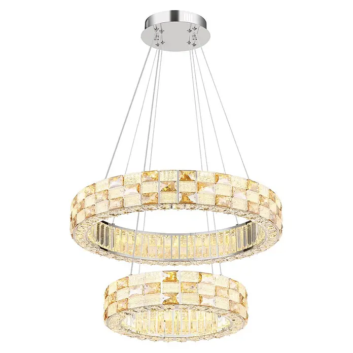 Globo LED-Pendelleuchte rund Lidia - 55 W, Ø x H: 61 x 120 cm - Gestufter Kristall-Kronleuchter mit Chrom-Deckenplatte und mehreren Ringen beleuchteter rechteckiger Kristalle.