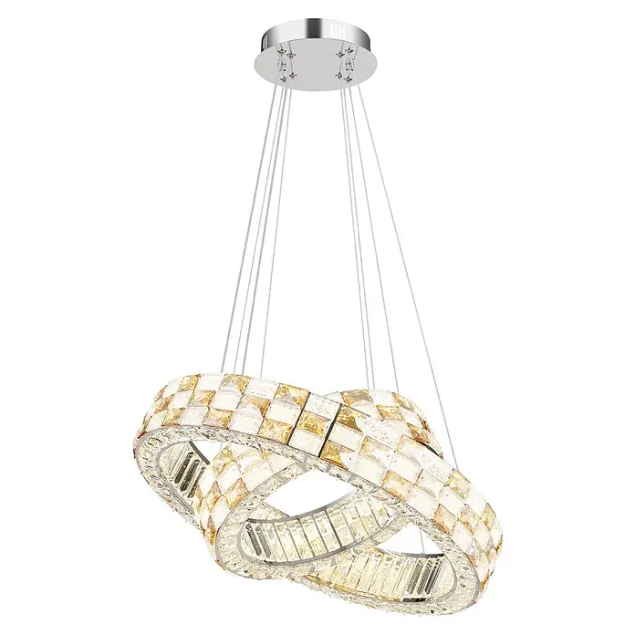 Globo LED-Pendelleuchte rund Lidia - 55 W, Ø x H: 61 x 120 cm - Moderner Kristallleuchter mit zwei ineinandergreifenden Ringen, klaren und bernsteinfarbenen Kristallen, an dünnen Drähten von einer Chromdecke hängend.