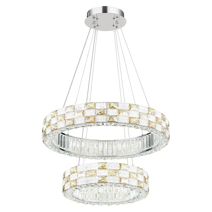 Globo LED-Pendelleuchte rund Lidia - 55 W, Ø x H: 61 x 120 cm - Gestufter Kristallkronleuchter mit silbernem Rahmen, mit klaren und bernsteinfarbenen quadratischen Kristallen.