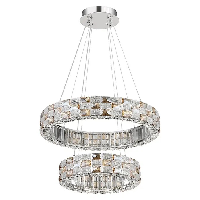 Globo LED-Pendelleuchte rund Lidia - 55 W, Ø x H: 61 x 120 cm - Zweistufiger Kristallleuchter mit silberfarbenem Rahmen und bernsteinfarbenen Akzenten, an Drähten von einer Chromdeckenhalterung hängend.