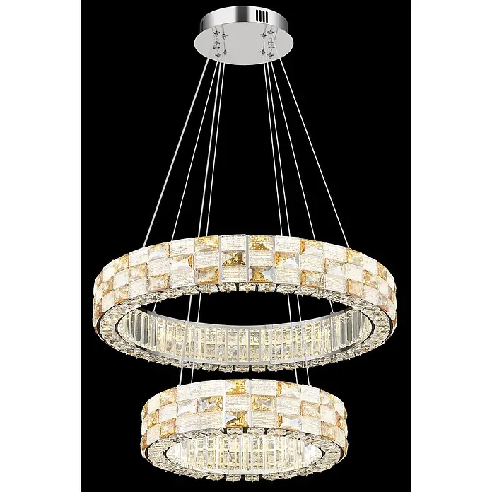 Globo LED-Pendelleuchte rund Lidia - 55 W, Ø x H: 61 x 120 cm - Zweistufiger runder Kristallleuchter mit klaren und bernsteinfarbenen Kristallen, an verchromter Deckenplatte.