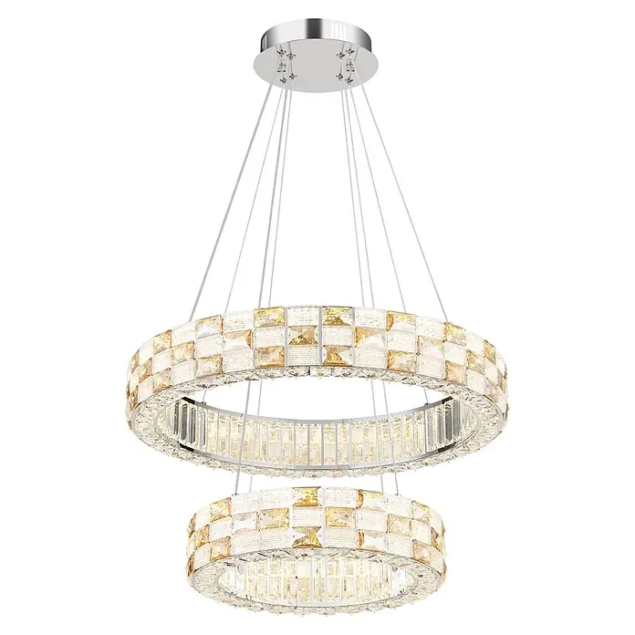 Globo LED-Pendelleuchte rund Lidia - 55 W, Ø x H: 61 x 120 cm - Mehrstufiger runder Kristallleuchter mit Chromoberfläche und warmer Beleuchtung.