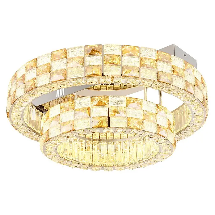 Globo LED-Deckenleuchte Lidia - 55 W - Gestufter Kristalllüster mit goldenen, bernsteinfarbenen quadratischen Kristallen und einem glänzenden Chromrahmen, beleuchtet.