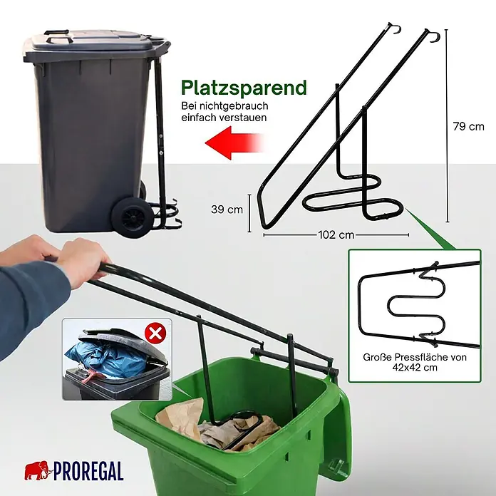 Proregal Mülltonnenbox Müllpresse Pressforce manuell für 60 bis 240 Liter Mülltonne - Stahl, Schwarz - Schwarze Müllpresse aus Metall für Behälter, Hände drücken Müll damit. Verfügt über eine große, quadratische Pressfläche.