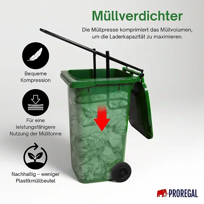 Proregal Mülltonnenbox Müllpresse Pressforce manuell für 60 bis 240 Liter Mülltonne - Stahl, Schwarz - Ein schwarzer Müllverdichter aus Metall, der Abfall in einem grünen, transparenten Behälter verdichtet.