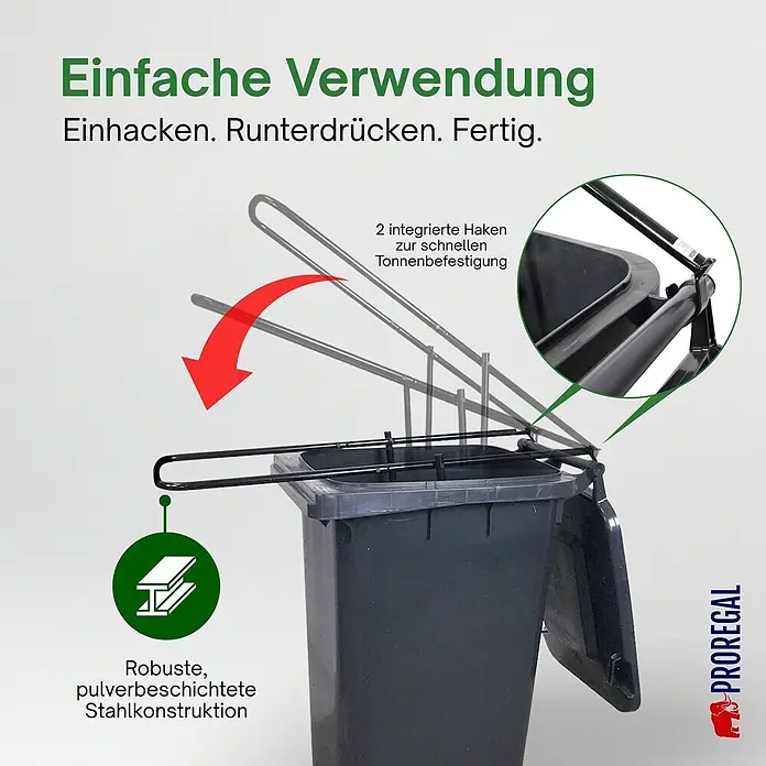 Proregal Mülltonnenbox Müllpresse Pressforce manuell für 60 bis 240 Liter Mülltonne - Stahl, Schwarz - Schwarzer pulverbeschichteter Stahl Müllbeutelhalter mit integrierten Haken zur schnellen Tonnenbefestigung.