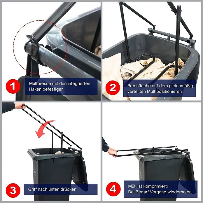 Proregal Mülltonnenbox Müllpresse Pressforce manuell für 60 bis 240 Liter Mülltonne - Stahl, Schwarz - Schwarze Müllpresse aus Metall mit Griff, zum Komprimieren von Abfall in einer Mülltonne.