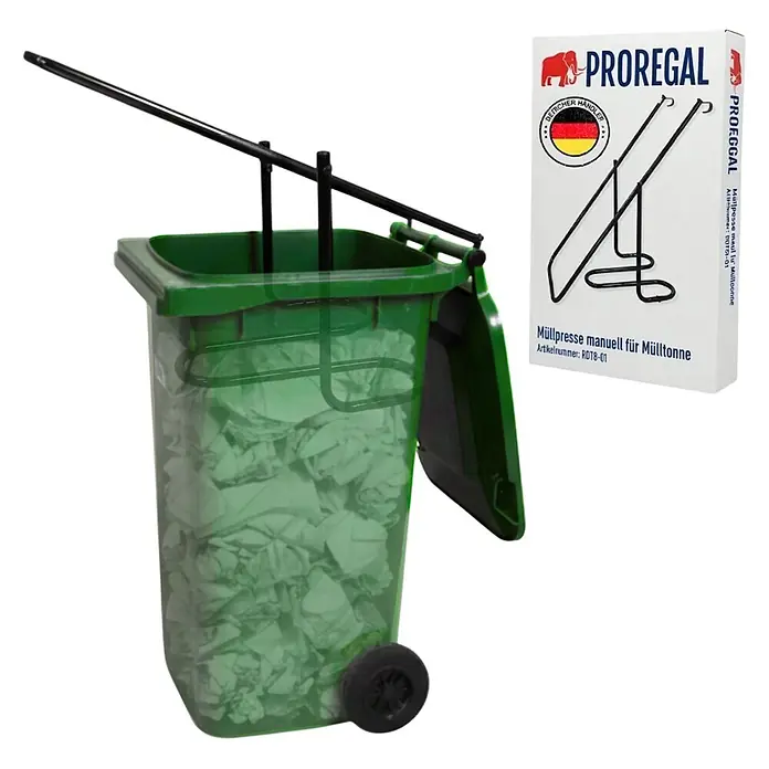 Proregal Mülltonnenbox Müllpresse Pressforce manuell für 60 bis 240 Liter Mülltonne - Stahl, Schwarz - Manuelle Müllpresse aus schwarzem Metall in einer grünen transparenten Mülltonne, daneben die Produktverpackung.