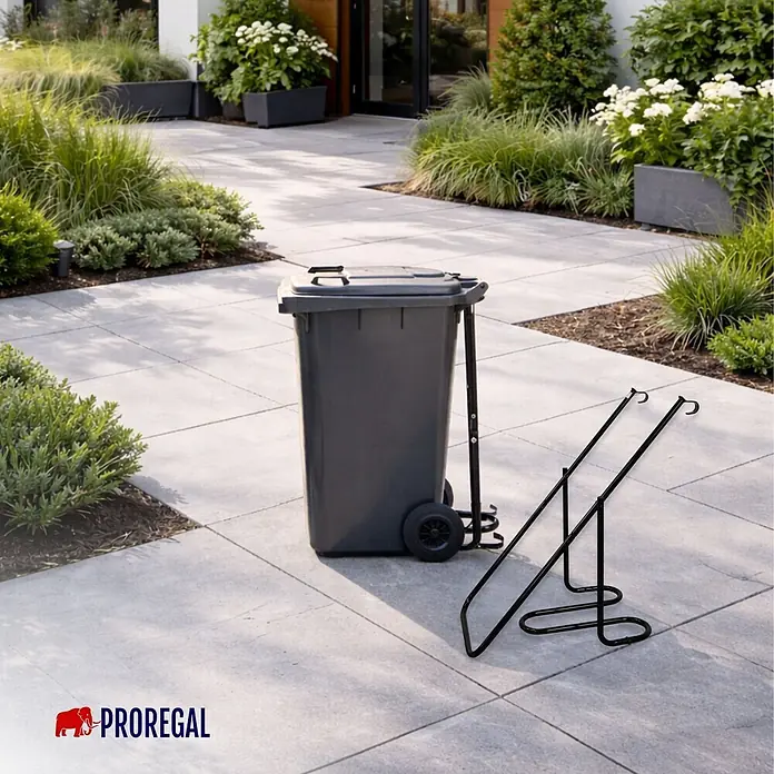 Proregal Mülltonnenbox Müllpresse Pressforce manuell für 60 bis 240 Liter Mülltonne - Stahl, Schwarz - Eine graue Mülltonne auf Rädern und ein schwarzer Metallständer für Müllsäcke stehen auf einer gepflasterten Terrasse im Freien neben grünen Pflanzen.