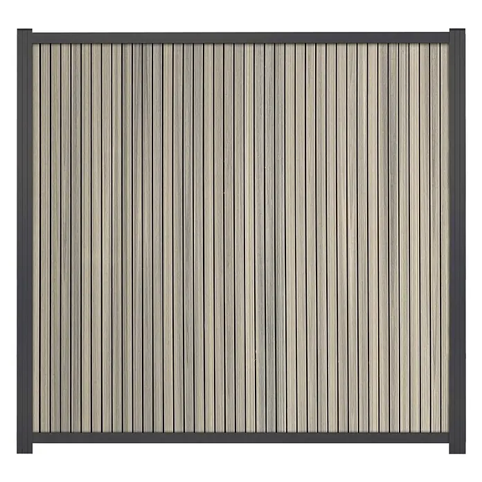 GartenLand Steckzaun-Element WPC Zaun Shadowline Vertikal Ohne Pfosten - Amethystgrau, Verbundwerkstoff - Zaunelement mit hellen Holzlatten und dunkelgrauem Metallrahmen.