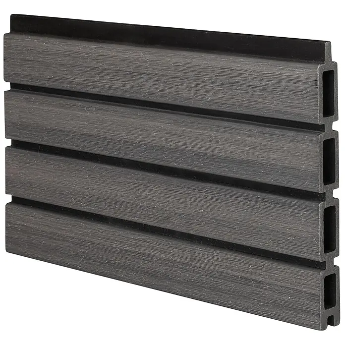 GartenLand Steckzaun-Element WPC Zaun Shadowline Vertikal Ohne Pfosten - Amethystgrau, Verbundwerkstoff - Dunkelgraues, texturiertes Verbundplattenelement mit vier parallelen Rillen und Hohlkammern an der Seite.