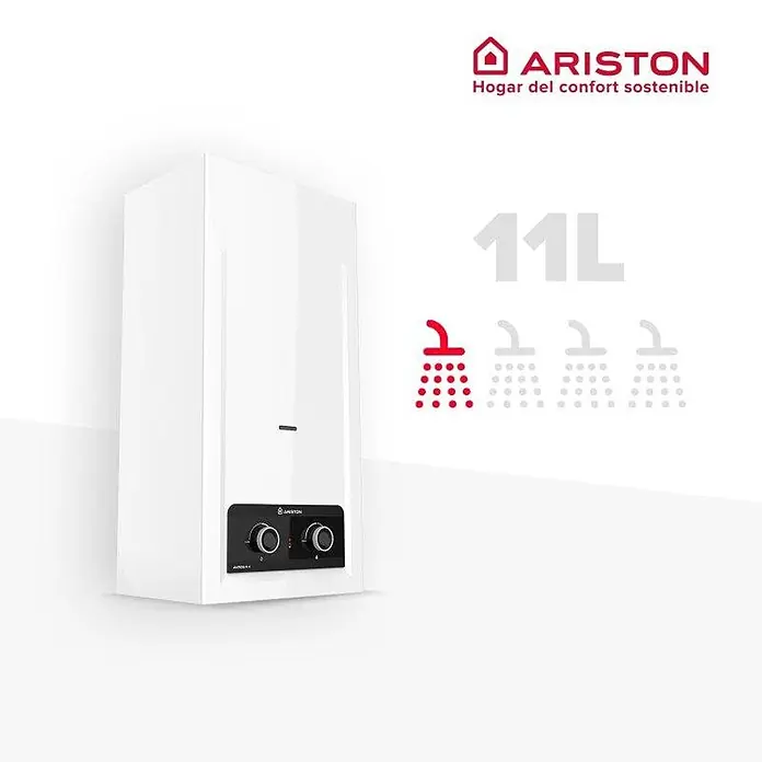 Ariston Calentador atmosférico Akros RX - 18,7 kW, Caudal de agua: 11 l/min, Gas natural - Calentador de agua Ariston blanco de 11L con panel de control negro, indicando capacidad para duchas.