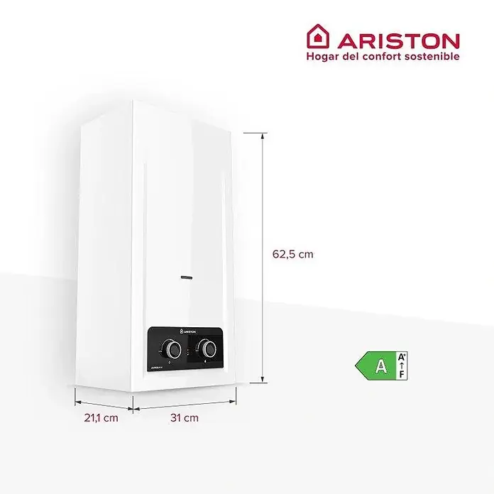 Ariston Calentador atmosférico Akros RX - 18,7 kW, Caudal de agua: 11 l/min, Gas natural - Calentador de agua Ariston blanco con dimensiones 62,5x31x21,1 cm y clase energética A.