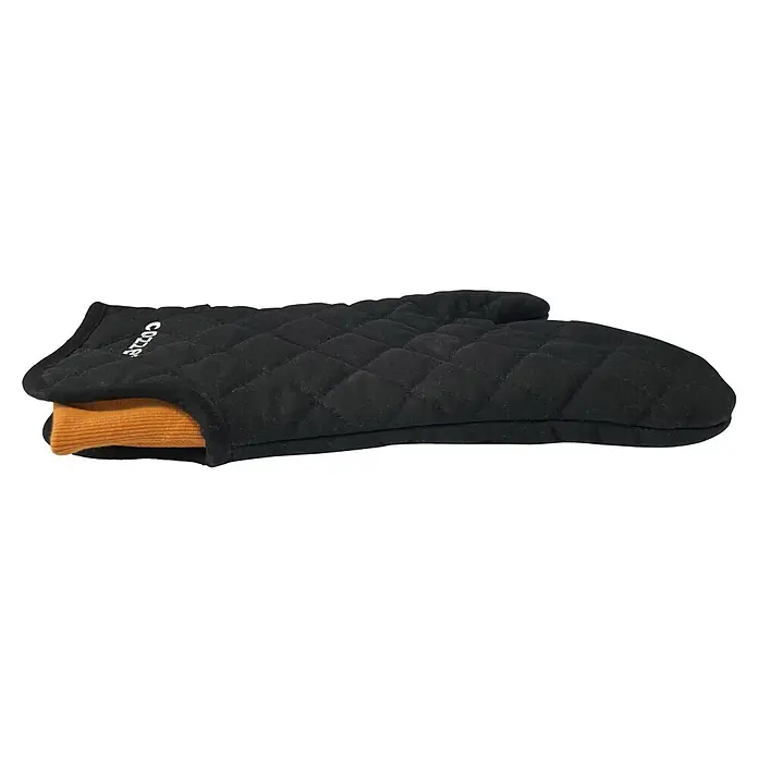Cozze Grillhandschuh - Schwarz - Schwarzer gesteppter Ofenhandschuh für Hitzeschutz in der Küche, mit einem senfgelben Bündchen.