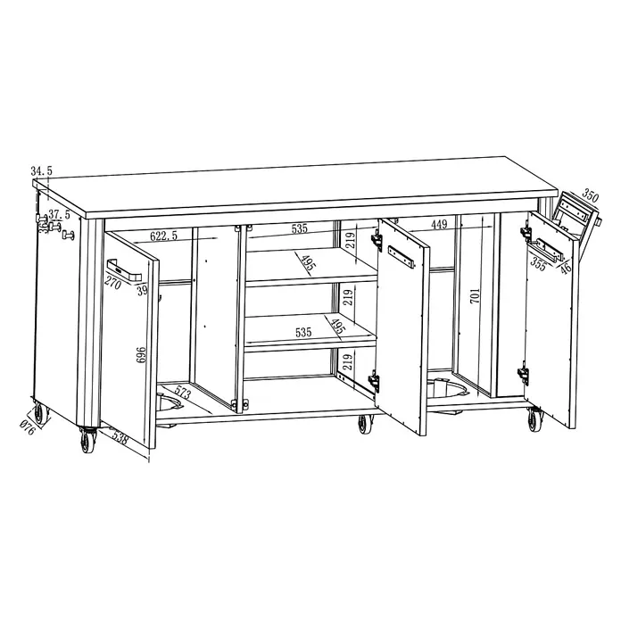 Cozze Outdoorküchen-Modul - Schwarz, B x T x H: 180 x 60 x 90 cm - Langer, niedriger Rollcontainer mit mehreren Fächern, Regalböden und ausziehbaren Behältern.